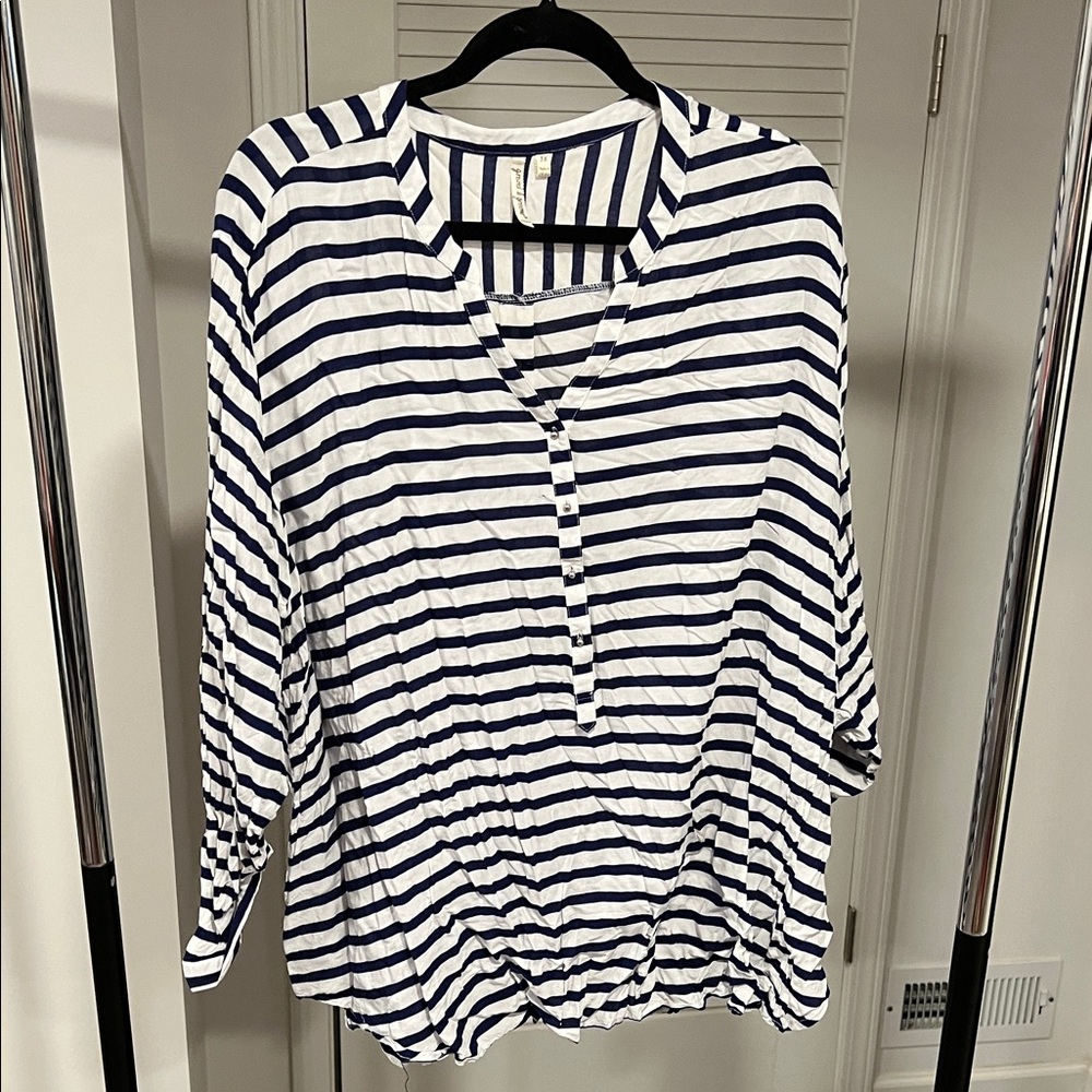 Striped Navy and White Women's Button Henley Top